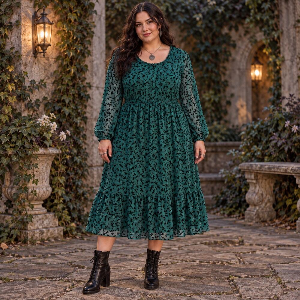 Bloomchic Velvet Midi Dress 18/20 Whimsigoth Forestcore Romantic Boho Spruce
